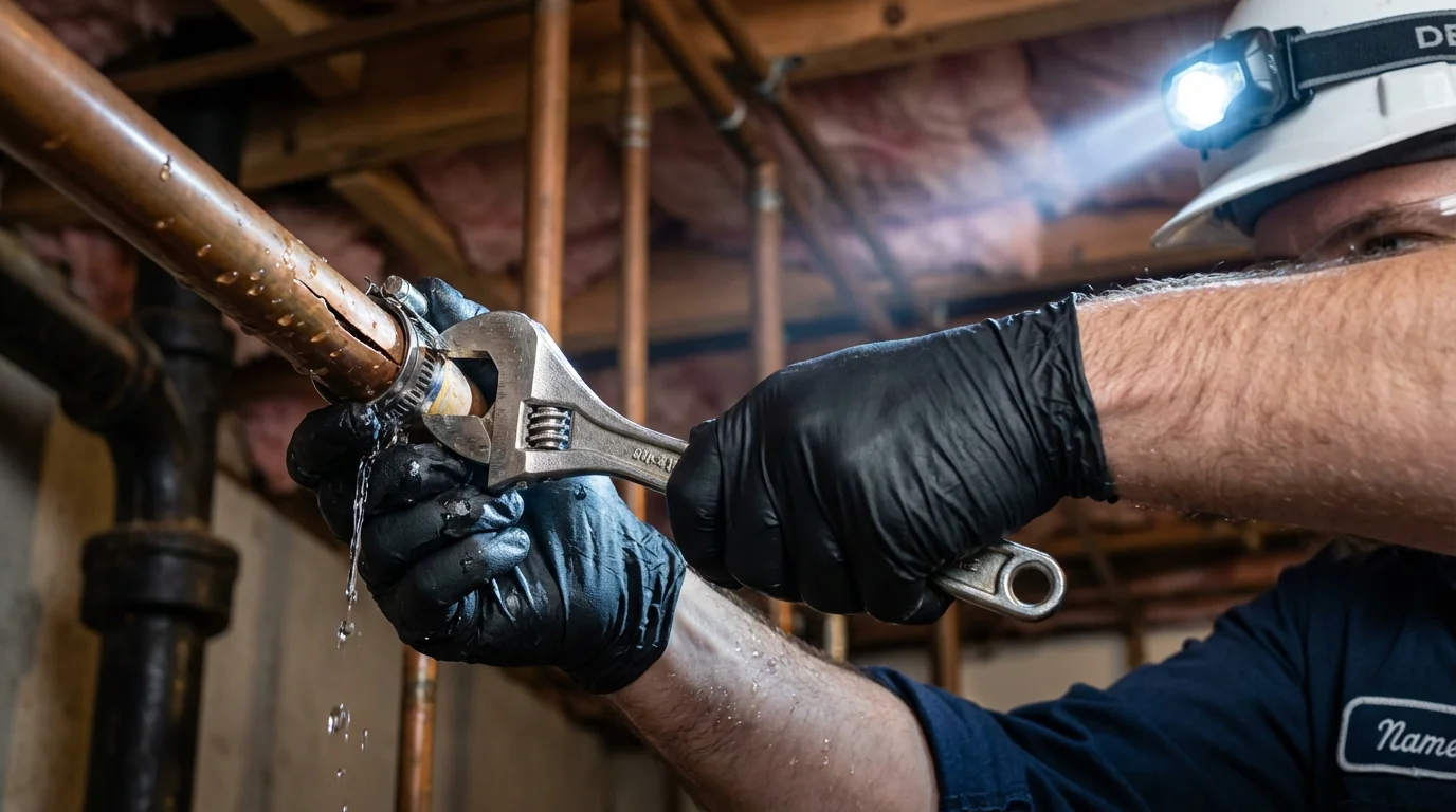 Emergency pipe clamp repair being performed by a Johns Plumbing LLC plumber in Stanton