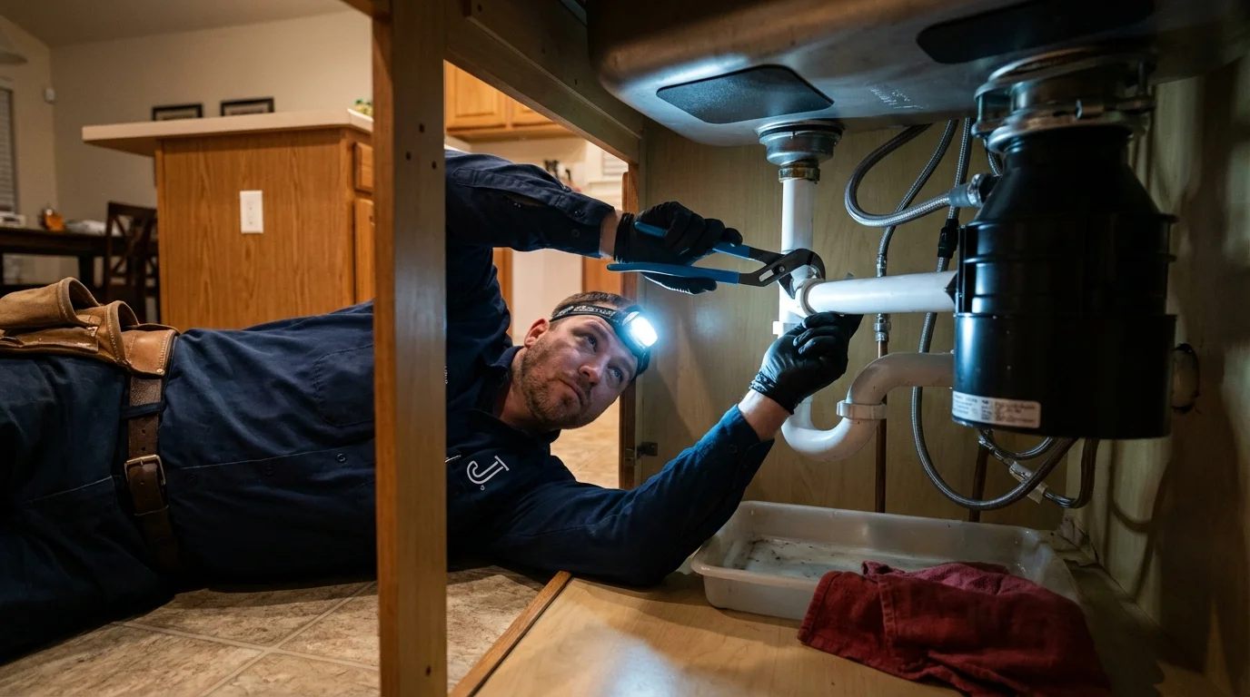 P-trap and supply line connections under a kitchen sink showing a common leak point in Stanton, KY